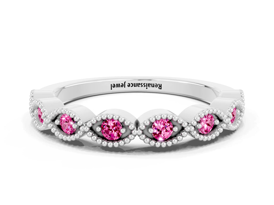 White gold Milgrain Marquise Pink Sapphire Half Eternity Band with Bezel Setting_30