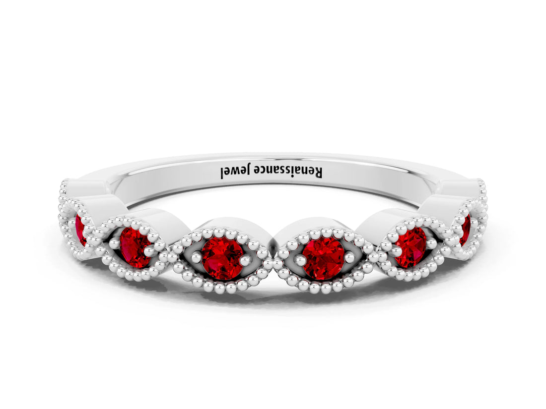 White gold Milgrain Marquise Ruby Half Eternity Band with Bezel Setting_30