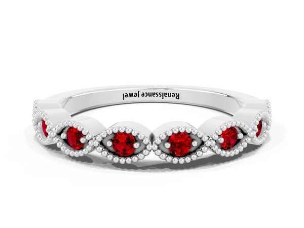 White Gold Round Lab-Grown Ruby Vintage Milgrain Marquise Frame Half Eternity Band