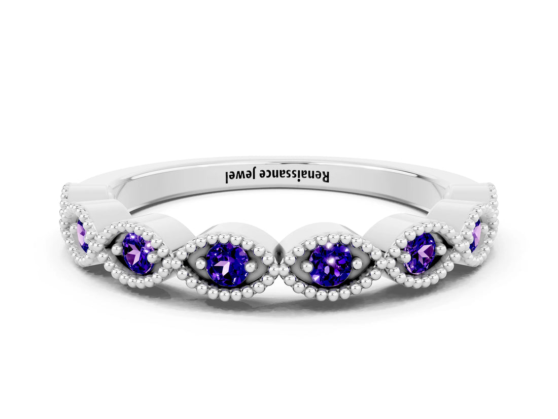 White gold Milgrain Marquise Tanzanite Half Eternity Band with Bezel Setting_42