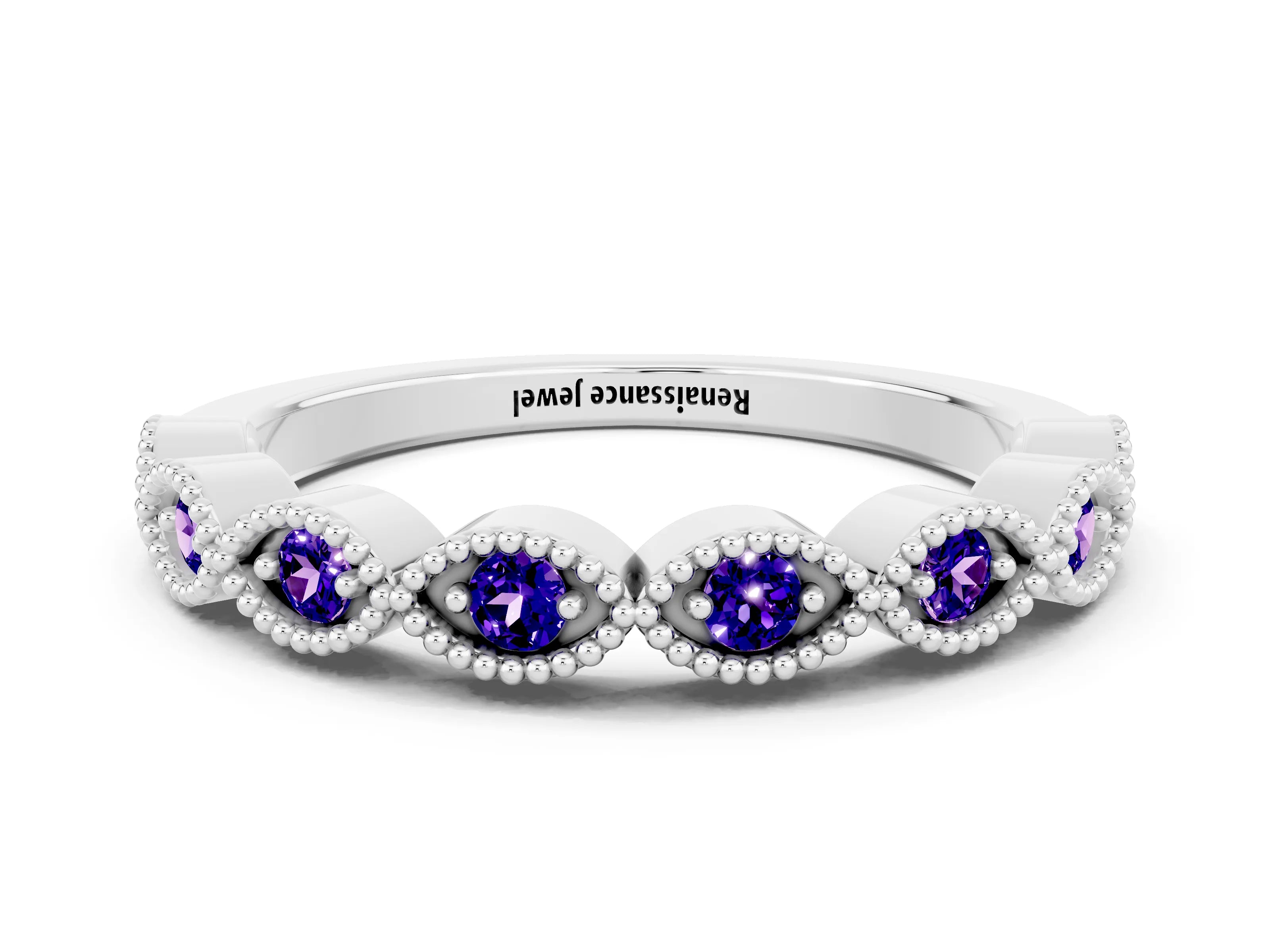 White gold Milgrain Marquise Tanzanite Half Eternity Band with Bezel Setting_6