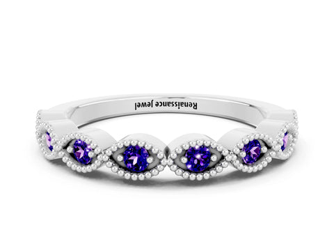 White gold Milgrain Marquise Tanzanite Half Eternity Band with Bezel Setting_6