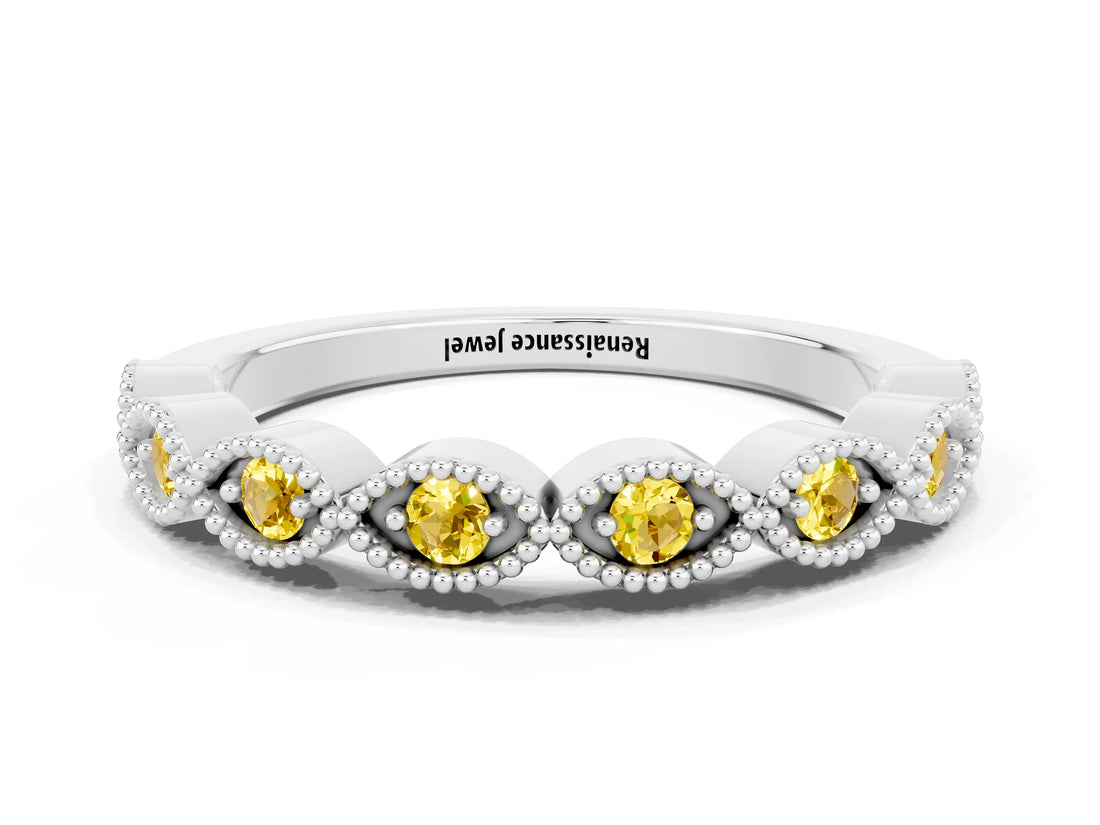 White gold Milgrain Marquise Yellow Sapphire Half Eternity Band with Bezel Setting_42