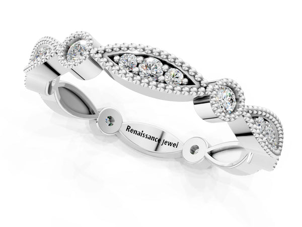 White gold Milgrain Marquise and Round Diamond Eternity Band with Bezel Setting
