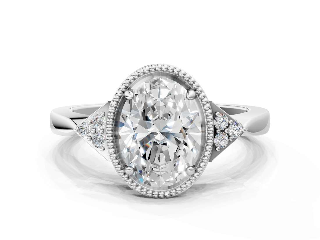 White gold Milgrain Oval Cut Diamond Ring with Tapered Pave Band and Four Prong Setting_3