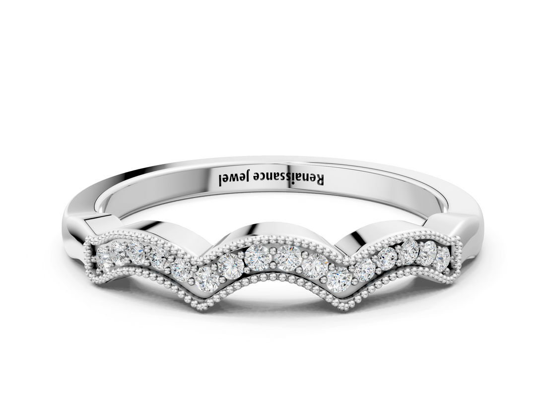 White gold Milgrain Pavé Round Diamond Curved Band_23