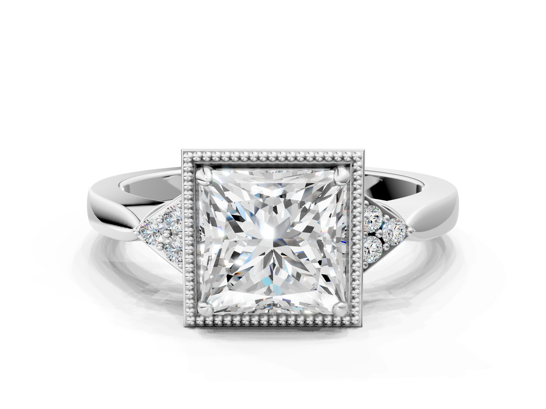 White gold Milgrain Princess Cut Diamond Ring with Tapered Pave Band and Four Prong Setting_3