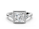 White gold Milgrain Princess Cut Diamond Ring with Tapered Pave Band and Four Prong Setting_3