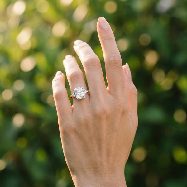 White gold Milgrain Radiant Cut Diamond Ring with Tapered Pave Band and Four Prong Setting