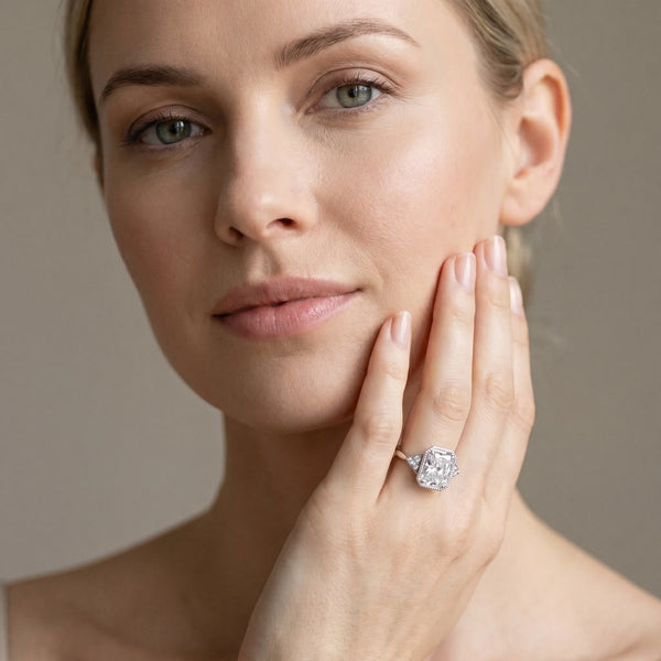 White gold Milgrain Radiant Cut Diamond Ring with Tapered Pave Band and Four Prong Setting