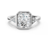 White gold Milgrain Radiant Cut Diamond Ring with Tapered Pave Band and Four Prong Setting_28