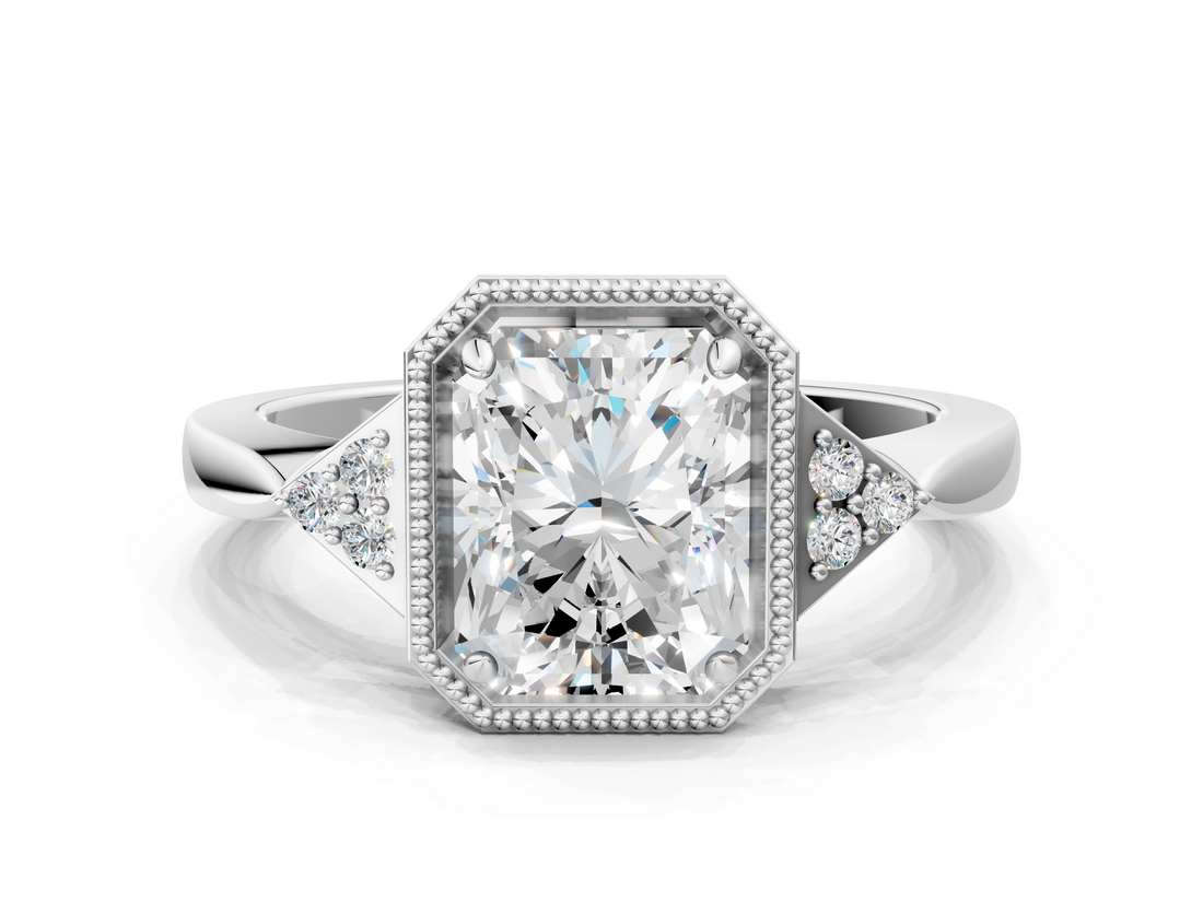 White gold Milgrain Radiant Cut Diamond Ring with Tapered Pave Band and Four Prong Setting_28
