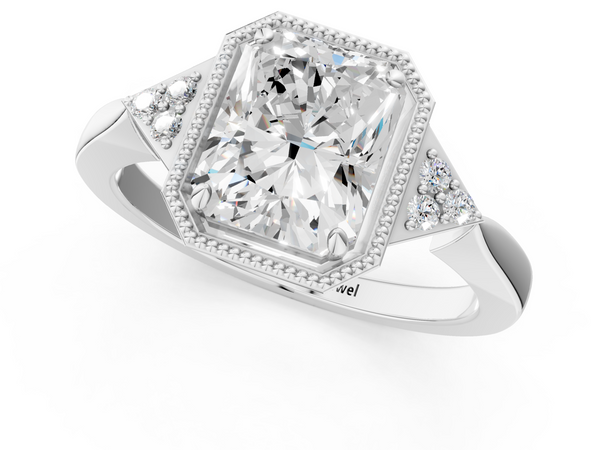 White gold Milgrain Radiant Cut Diamond Ring with Tapered Pave Band and Four Prong Setting