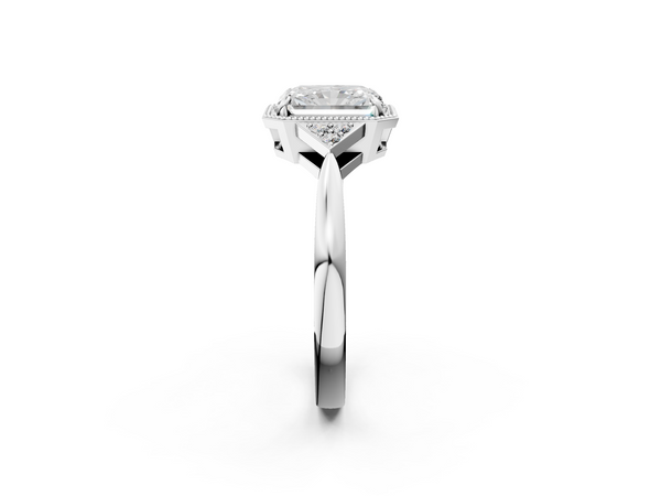 White gold Milgrain Radiant Cut Diamond Ring with Tapered Pave Band and Four Prong Setting