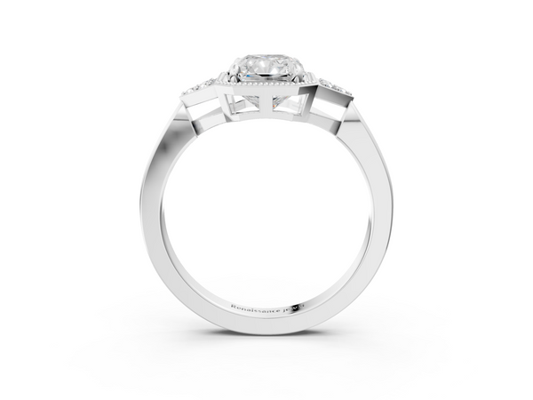 White gold Milgrain Radiant Cut Diamond Ring with Tapered Pave Band and Four Prong Setting