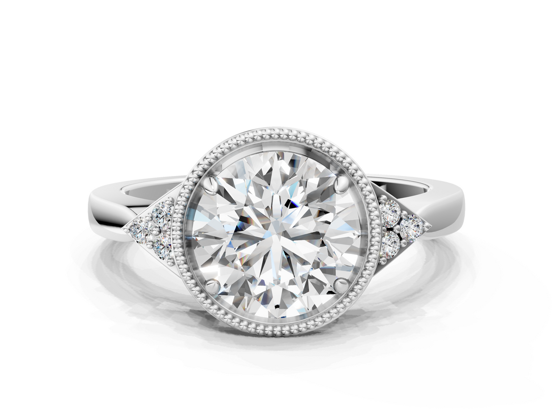 White gold Milgrain Round Cut Diamond Ring with Tapered Pave Band and Four Prong Setting_3