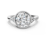 White gold Milgrain Round Cut Diamond Ring with Tapered Pave Band and Four Prong Setting_3
