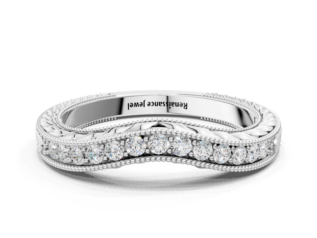 White gold Milgrain Round Diamond Curved Eternity Band with Pavé Setting_12