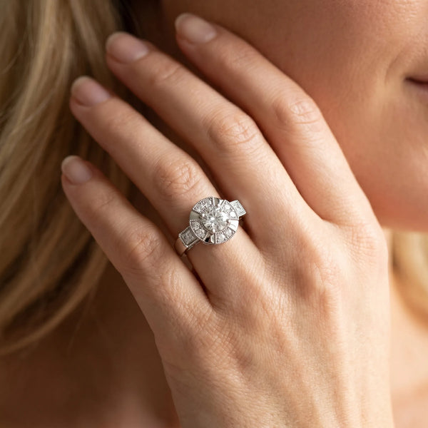 White gold Milgrain Round Diamond Halo Split Shank Ring