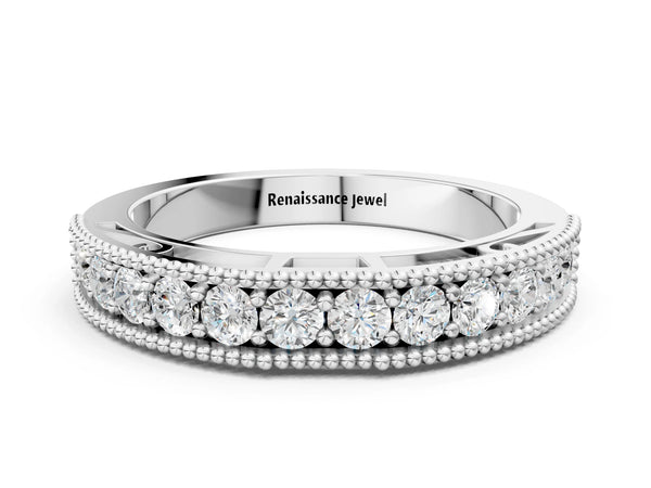 Platinum Milgrain Round Diamond Pavé Chevron Band
