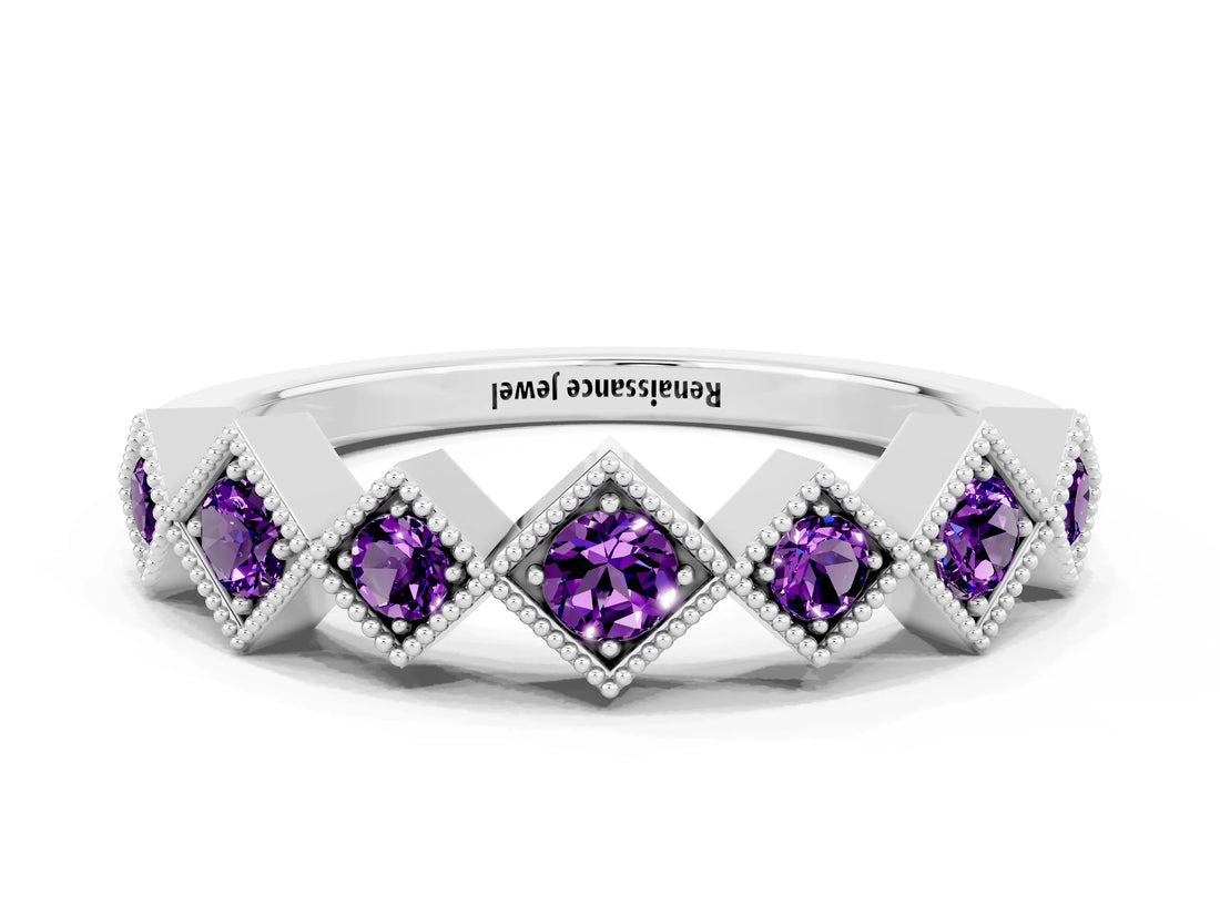 White gold Milgrain Square Bezel Round Amethyst Chevron Band_6