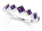 White gold Milgrain Square Bezel Round Amethyst Chevron Band_7