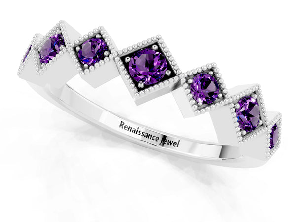 White Gold Round Amethyst Vintage Wedding Band with Milgrain Square Bezels
