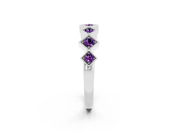 White Gold Round Amethyst Vintage Wedding Band with Milgrain Square Bezels