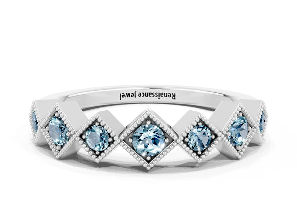 Platinum Round Aquamarine Vintage Wedding Band with Milgrain Square Bezels