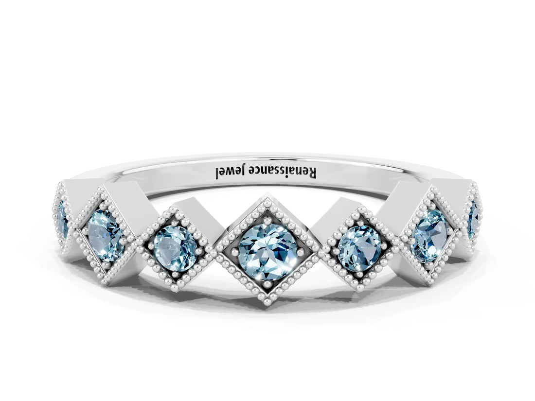 White gold Milgrain Square Bezel Round Aquamarine Chevron Band_6