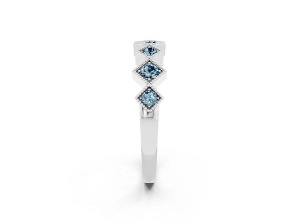 White Gold Round Aquamarine Vintage Wedding Band with Milgrain Square Bezels