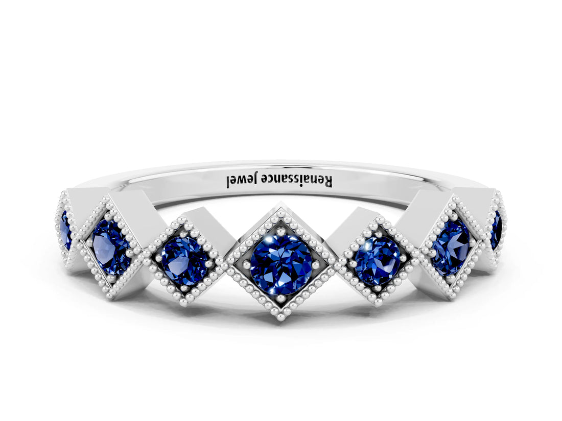 White gold Milgrain Square Bezel Round Blue Sapphire Chevron Band_6