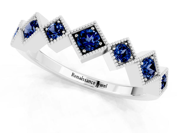 White Gold Round Lab-Grown Blue Sapphire Vintage Wedding Band with Milgrain Square Bezels