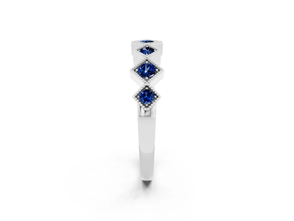 White Gold Round Lab-Grown Blue Sapphire Vintage Wedding Band with Milgrain Square Bezels