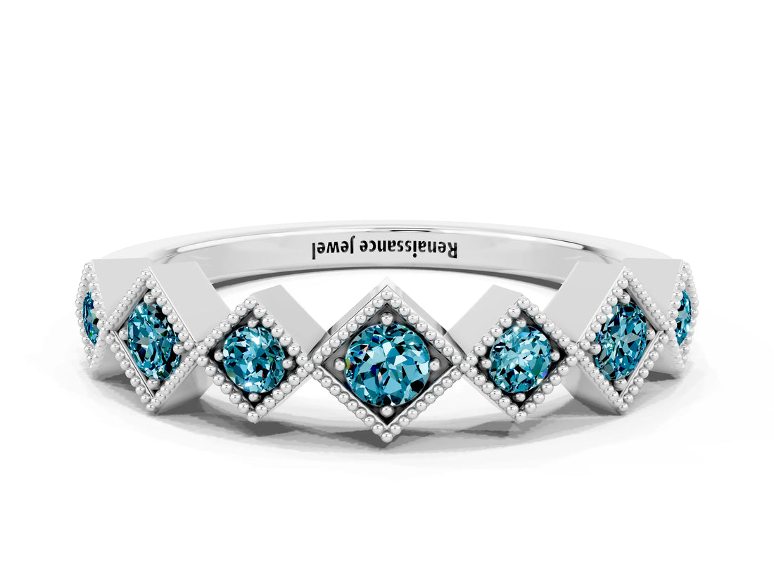 White gold Milgrain Square Bezel Round Blue Topaz Chevron Band_6