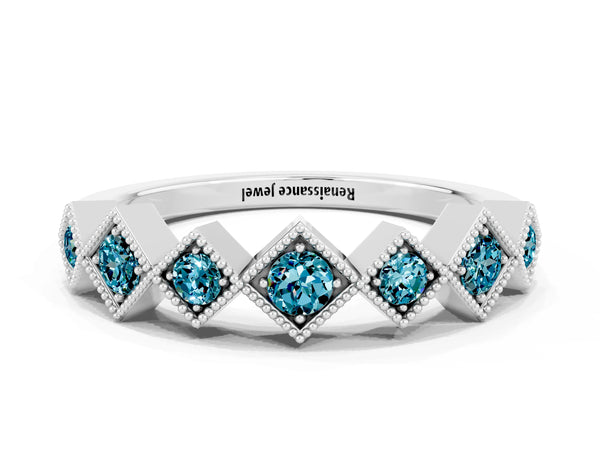 Platinum Round Blue Topaz Vintage Wedding Band with Milgrain Square Bezels