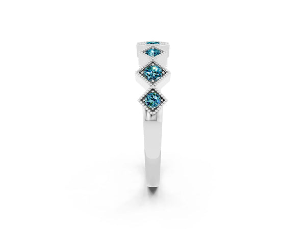 Platinum Round Blue Topaz Vintage Wedding Band with Milgrain Square Bezels