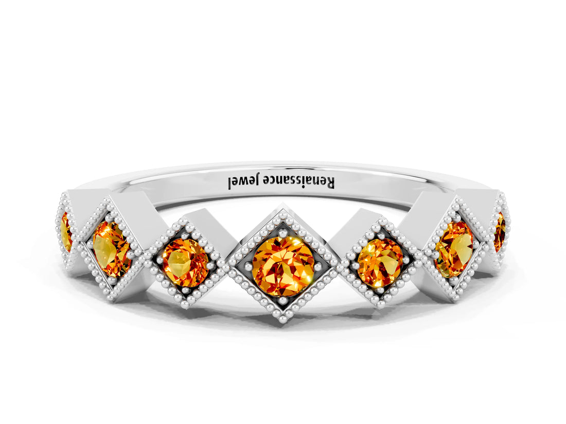 White gold Milgrain Square Bezel Round Citrine Chevron Band_6