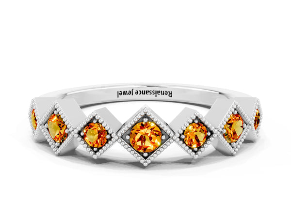 Platinum Round Citrine Vintage Wedding Band with Milgrain Square Bezels