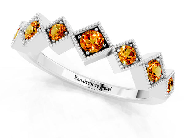 Sterling Silver Round Citrine Vintage Wedding Band with Milgrain Square Bezels