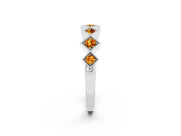 White Gold Round Citrine Vintage Wedding Band with Milgrain Square Bezels