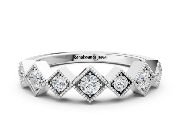 White gold Milgrain Square Bezel Round Diamond Chevron Band