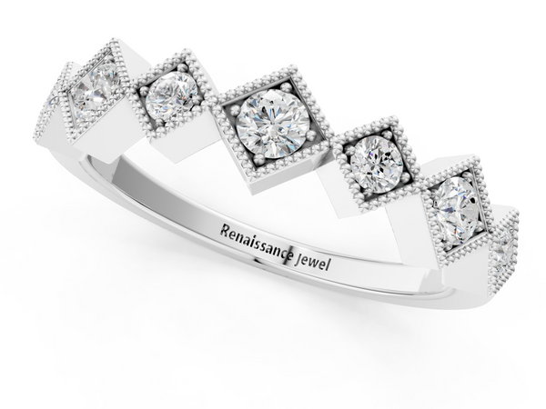 Silver Milgrain Square Bezel Round Diamond Chevron Band