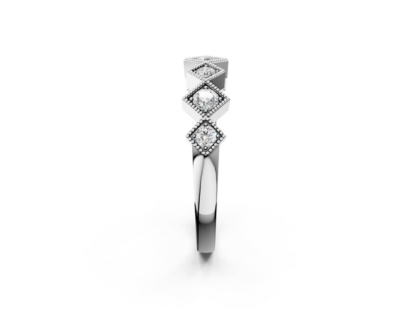 Silver Milgrain Square Bezel Round Diamond Chevron Band