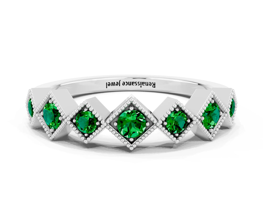 White gold Milgrain Square Bezel Round Emerald Chevron Band_6