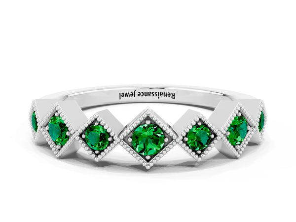 White Gold Round Lab-Grown Emerald Vintage Wedding Band with Milgrain Square Bezels