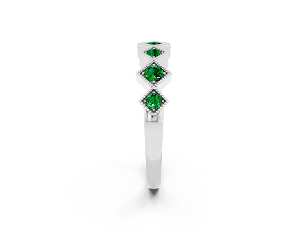 Sterling Silver Round Lab-Grown Emerald Vintage Wedding Band with Milgrain Square Bezels
