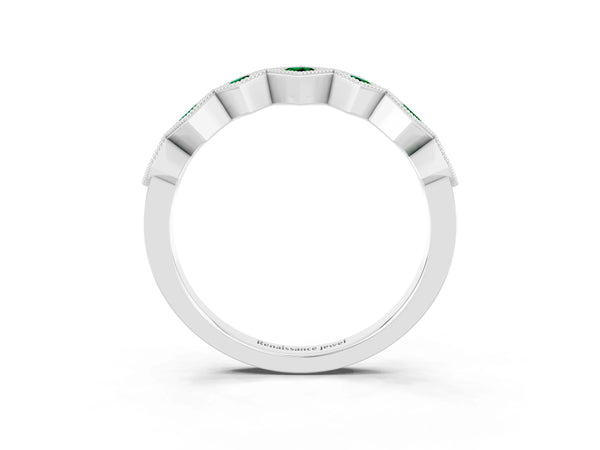White Gold Round Lab-Grown Emerald Vintage Wedding Band with Milgrain Square Bezels