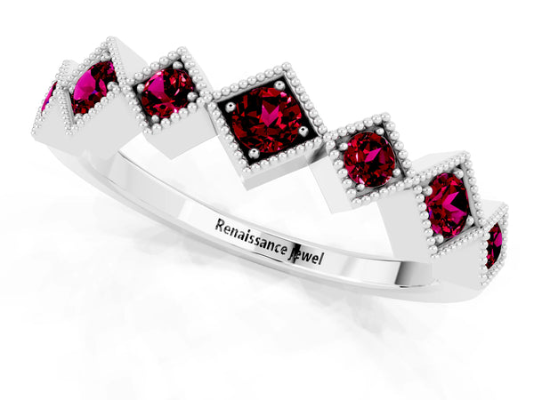 Sterling Silver Round Garnet Vintage Wedding Band with Milgrain Square Bezels