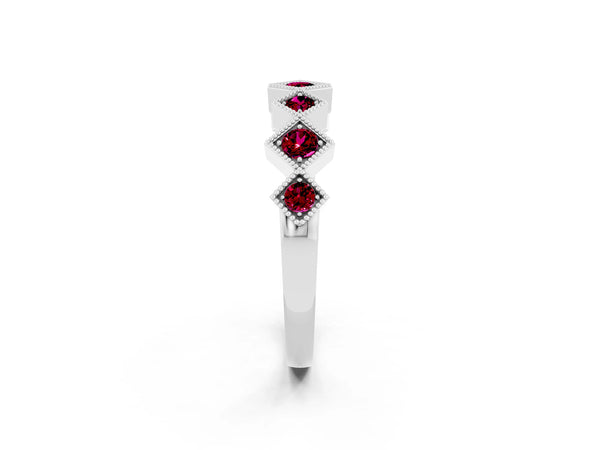 White Gold Round Garnet Vintage Wedding Band with Milgrain Square Bezels